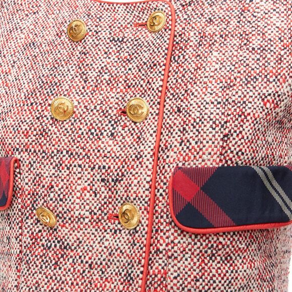 Chanel Red Boucle Tweed Gold Button Double Breast Blazer Jacket - Picture 2 of 6
